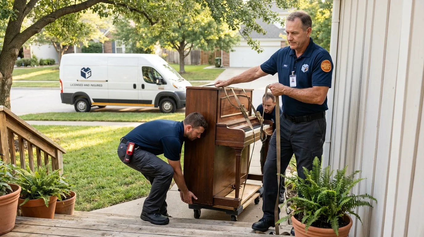 Licensed piano movers securing grand piano in Pine Level, NC