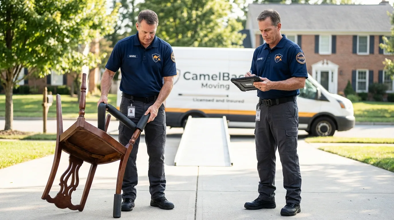 Movers inspecting furniture for damage prevention before loading in Pine Level, NC
