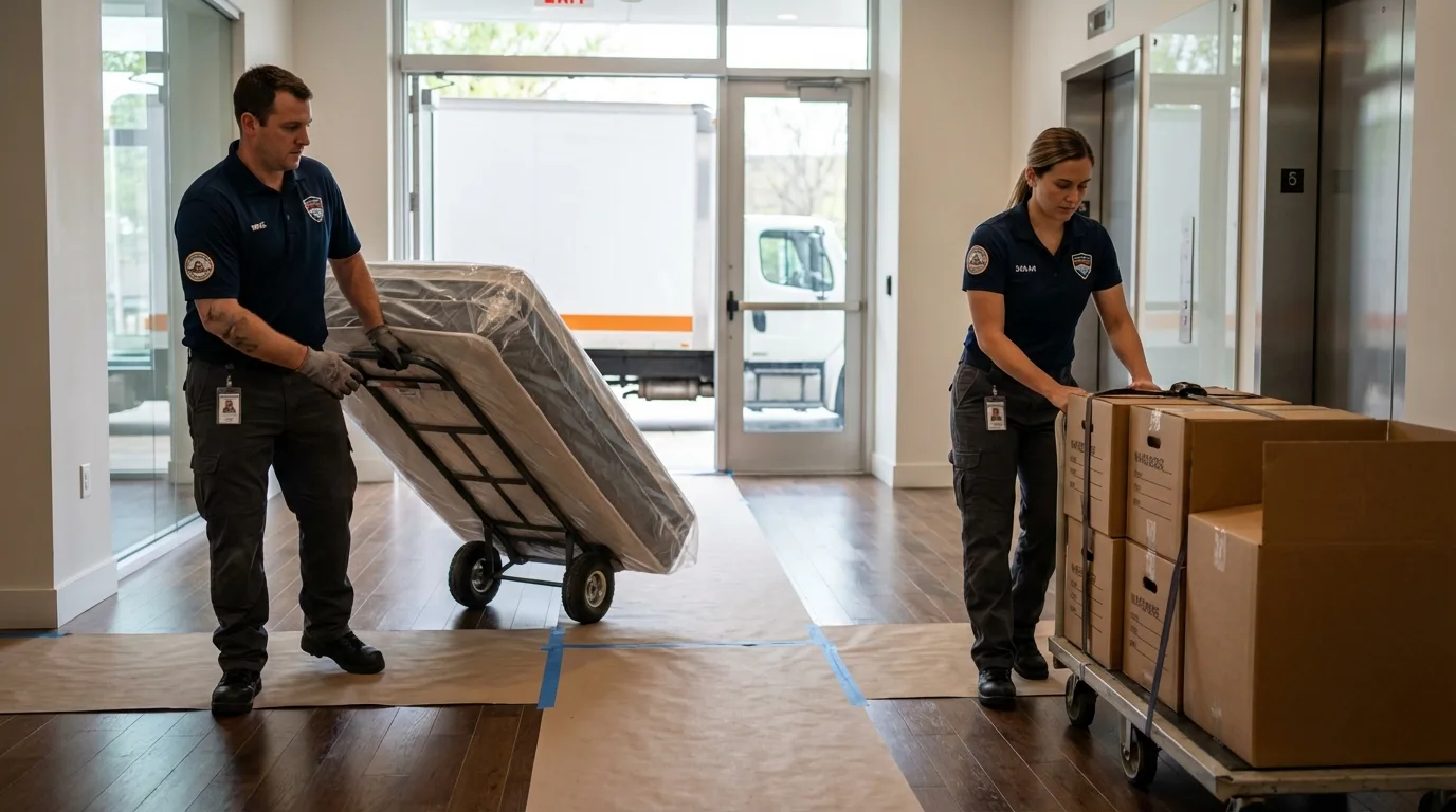 Professional apartment movers loading elevator in Pine Level, NC